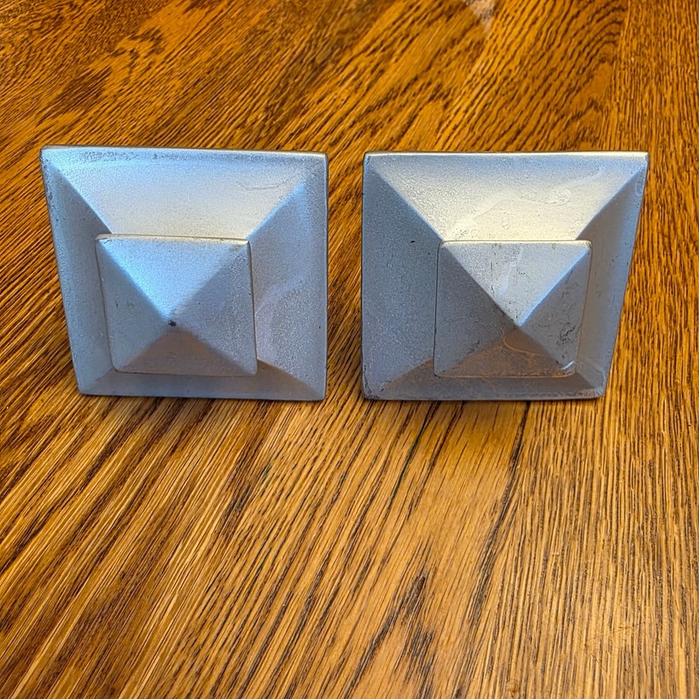 Silver Square Pyramid Curtain Rod Finials Pair Modern Geometric Wood 2.5 Inch